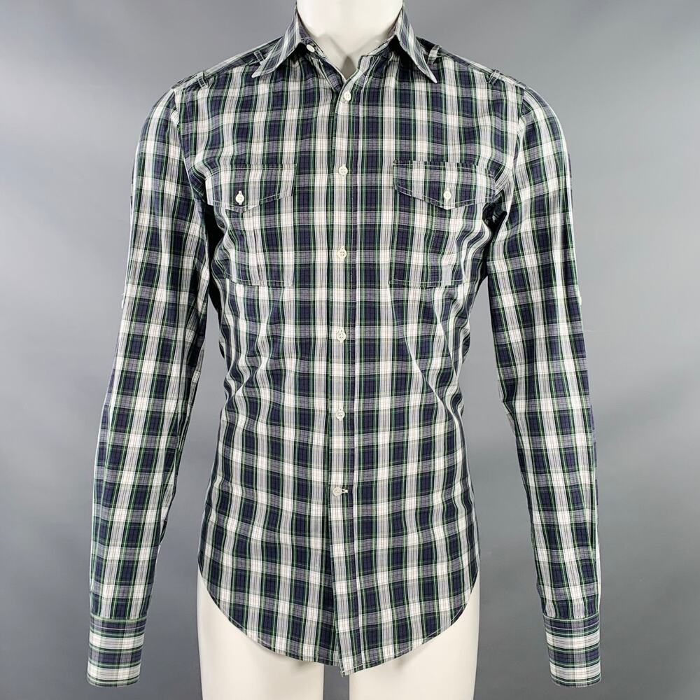 MICHAEL BASTIAN Size S Navy White Green Plaid Cotton Roll Tab Long Sleeve Shirt
